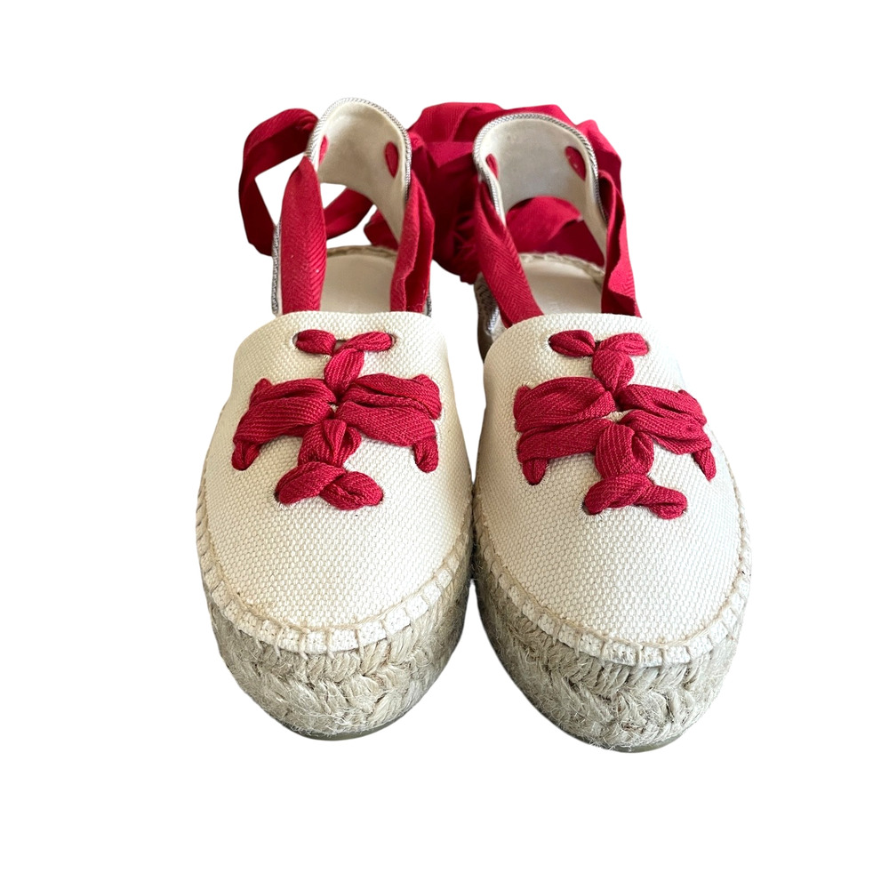 TORY BURCH Size 10 Woven Double T Espadrille Red Wrap-Around Tie Platform Flats - Picture 7 of 13